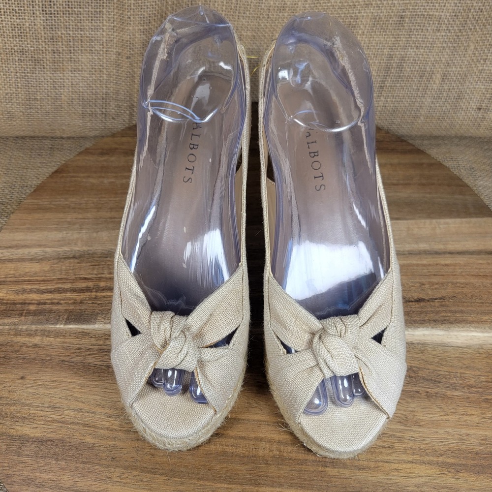 Talbots Espadrille Wedge Sandals Peep Toe Bow Slingback Jute Women's 6.5 Beige - Picture 3 of 10